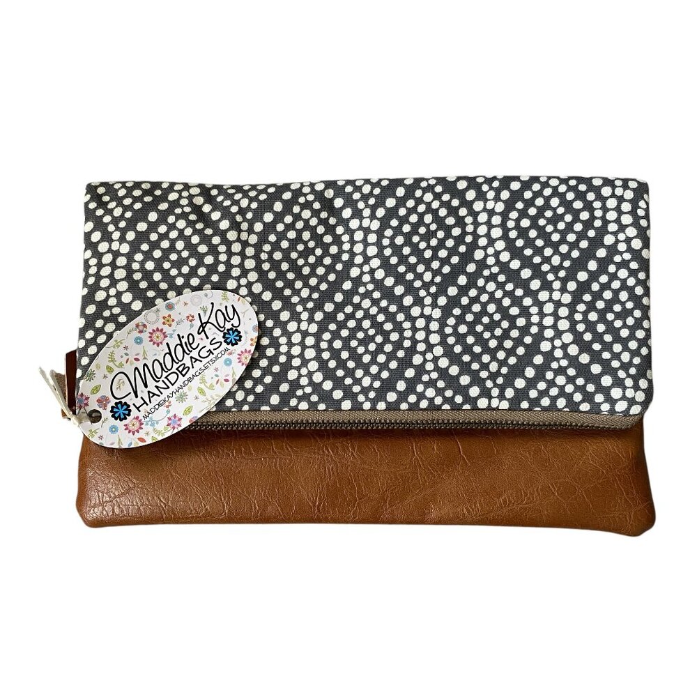 Maddie Kay gray with white dots camel brown leather foldover zipper bag clutch